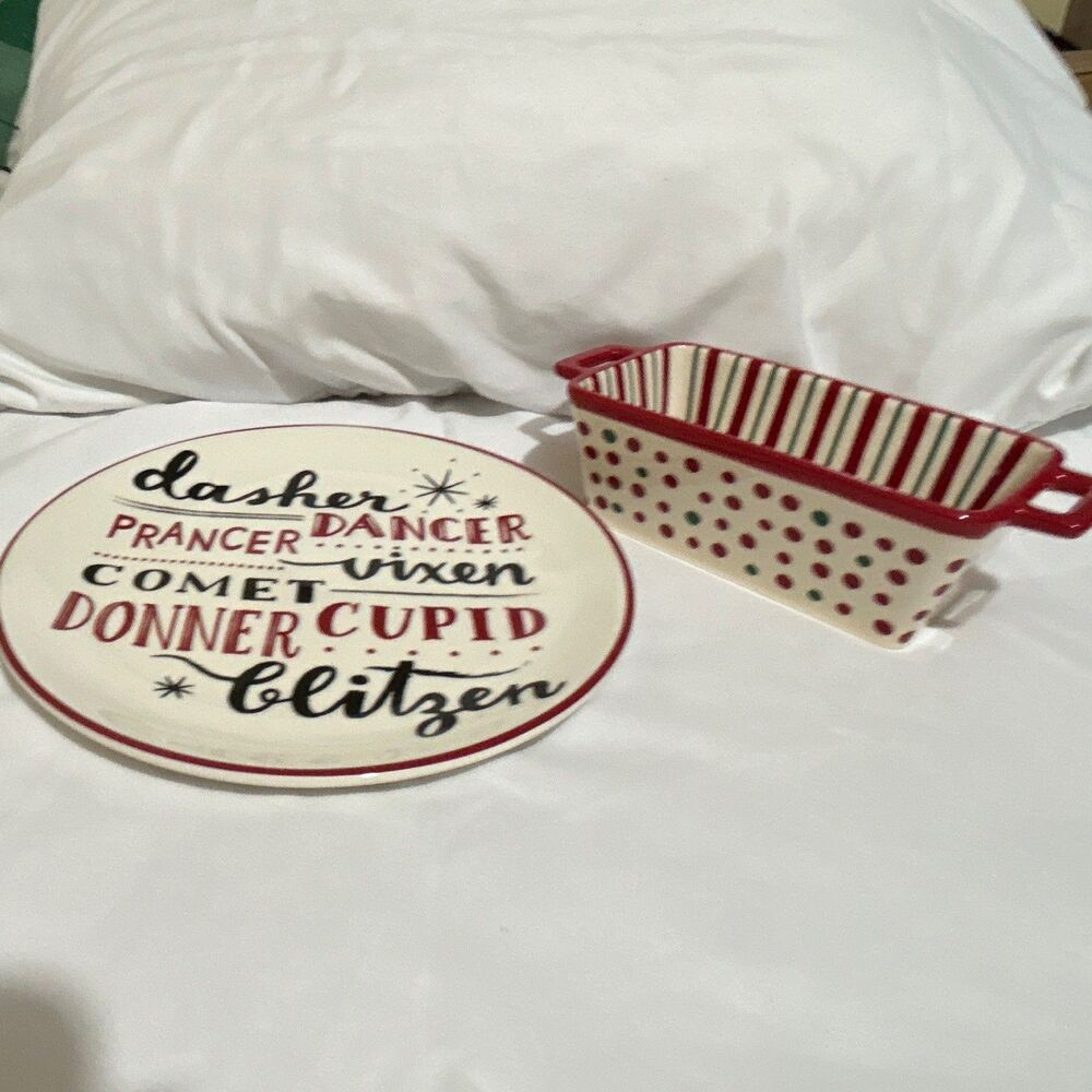 Holiday Home Plate with Reindeer Names and Holiday Times Mini Loaf Pan Red Green